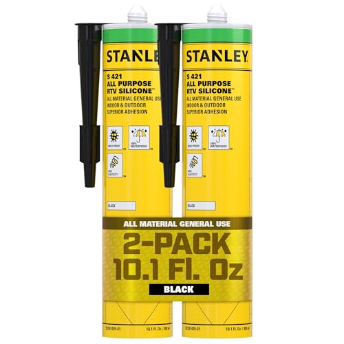 Stanley S421 RTV Silicone Caulk Black (2 x 10.1 fl.oz.) - 100% Waterproof Industrial-Grade Silicone for Kitchen, Bathroom, Shower, Window, Door, Indoor &amp; Outdoor Use