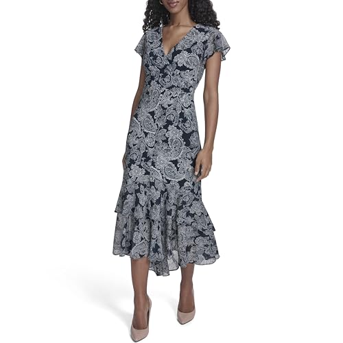 Image of Tommy Hilfiger Women's Flutter Sleeve V-Neck Ruffle Trim Hi-Lo Midi Dress