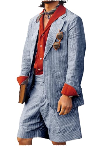 Retro Men's Striped Seersucker Suits Grooms Lightweight Sear Sucker Suit for Wedding Slim Fit Jacket & Shorts