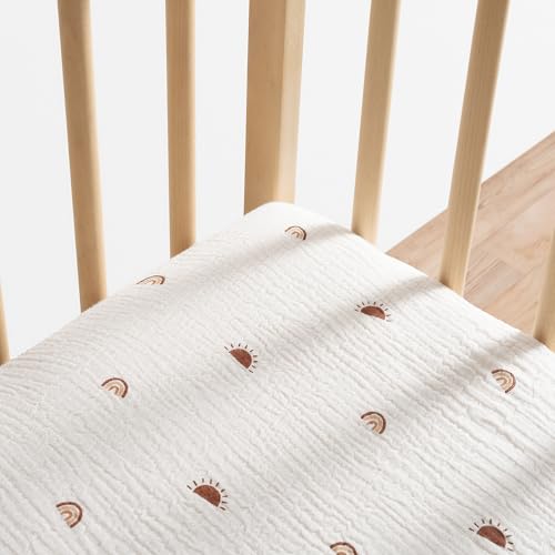 Image of Meracorallo Muslin Pack and Play Fitted Sheet, 100% Cotton, Sun Rainbow