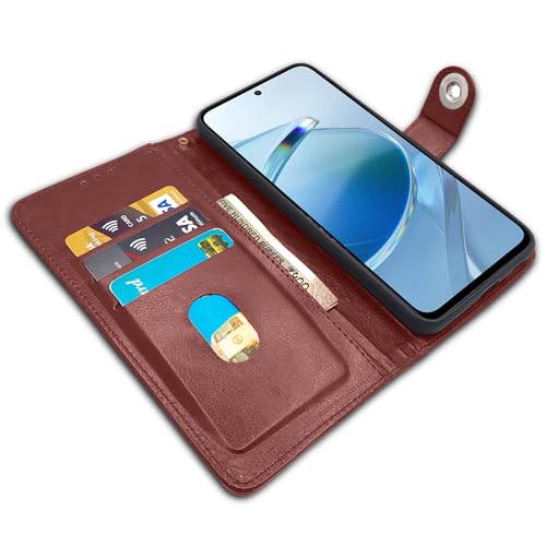 Image of Pikkme Redmi 12 4G Flip Cover Leather Finish | Inside TPU with Card Pockets | Wallet Stand and Shock Proof | Complete Protection Button Flip Case (Brown)