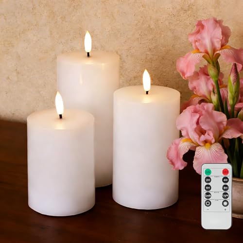 Image of JOIONE White Flameless Pillar Candles with Remote, 3 Pack Home Decor | Battery Operated LED, Pure White Real Wax, Remote Control, Warm Flickering Glow, Safe Living Room & Dining Table Decor