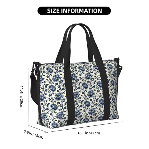 Travel Duffle Bags For Women Men - Retro Blue Flowers Print Personal Item Weekender Overnight Gym Carry On Airport Tote Bag With Strap For Yoga, Travel, Business Trips2