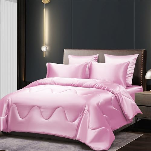 YASMENG Pink Satin Silky Comforter Set Queen Size Summer Cooling