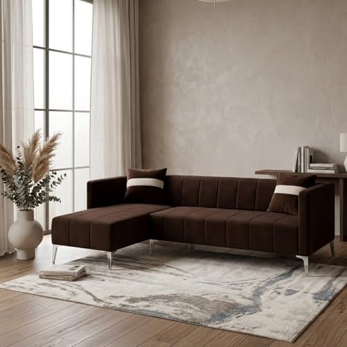 Image of Solomon Luxe Velvet-Suede Fabric 5 Seater LHS L Shape Sofa | Comfortable & Spacious Seating | Modern Sofa for Living Room - Dark Brown