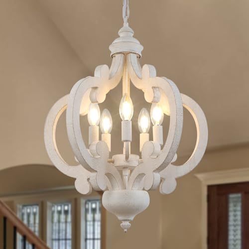 LynPon White Farmhouse Chandelier, 5 Lights Distressed Wood French Country Light Fixture, Antique Hanging Chandelier for Dining Room Kitchen Bedroom Foyer Entryway Hallway Staircase by LynPon - Used condition - US$95.31