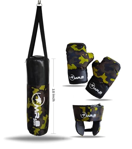 Image of Kids Boxing Kit with Filled Punching Bag, Gloves and Headgear, Age 7-13 Years (Yellow Army)
