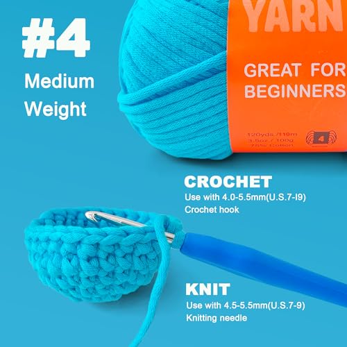 Image of 3.5Oz Beginner-Friendly Yarn for Crocheting and Knitting;Worsted-Weight Medium #4;Cotton Blend Yarn for Beginners with Easy-to-See Sitches,Great for Amigurumi DIY (Blue,1 Skein)