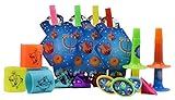Hanukkah Party Mega Set - 16 Pack - Includes 4 Party Blowouts, 4 Slinkys, 4 Trumpets, 4 Dreidels - Chanukah Party Decorations and Supplies - Izzy 'n' Dizzy