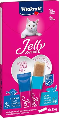 Vitakraft Jelly Lovers, friandises pour chats, snack gélifié au saumon et à la plie, sticks individuels, sans sucre ajouté (1 paquet 6x 15g)