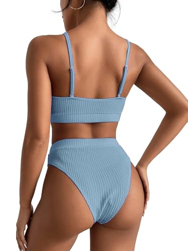 Image of Lilosy High Waisted Tummy Control Ribbed Bikini Crop Top Brazilian Swimsuit Set 2 Piece