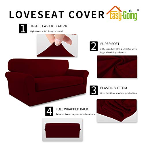 Image of Easy-Going 2 Pieces Stretch Loveseat Couch Sofa Slipcover Washable | Spandex Soft Fitted Sofa Couch Cover for Sofa Furniture Protector with Bottom Kids,Pet Dog Wine