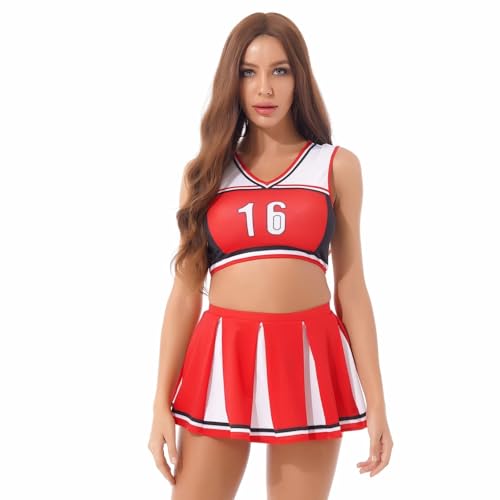 Traje de animadora multicolor de falda plisada elástica con top corto deportivo de dos piezas