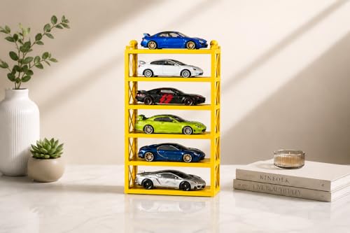 Image of AApnatva 6-Car Display Rack - Premium Matte Black Tabletop Organizer with Tire Slots & Side Guards for 1:64 Scale Diecast Cars (Hot Wheels, Matchbox, Tomica,)(NO CAR INCLUDED) (Yellow)