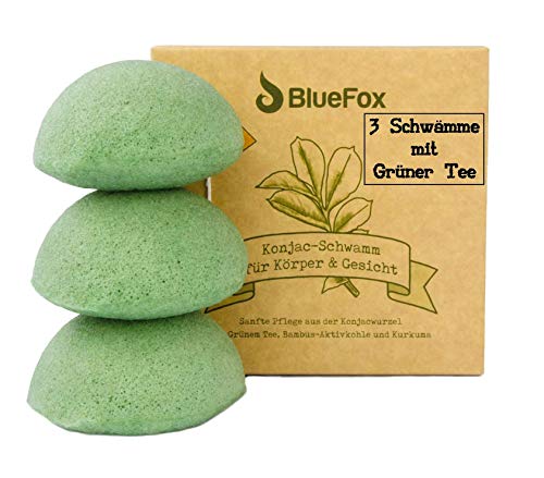 BlueFox I Konjac Schwamm 3er Set Grüner Tee, Gesichtsreinigung für unreine und Mischhaut, Gesichtsschwamm, bio facial sponge, Peeling der unreinen Haut, reine Poren, Reinigungsschwamm in grün