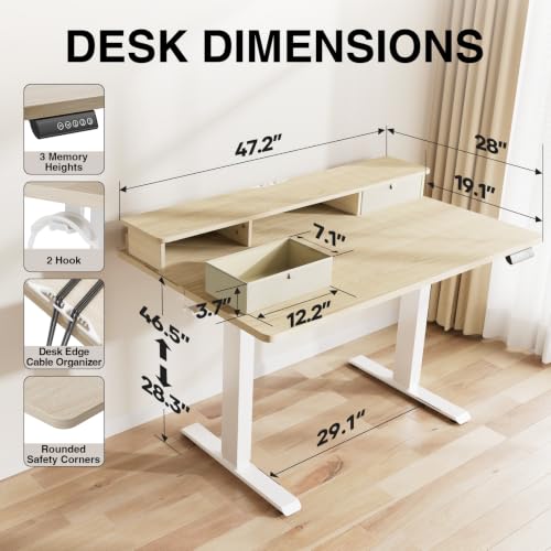 Image of Veken 47x28 in Electric Standing Desk with Drawers, Adjustable Table, Wood | Stand up Computer Desk for Home Office, Work & Study, with Storage, 3 Memory Presets, Cable Organizer, Hook, and Quiet Lift.
