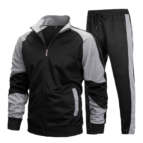 MANTORS Mens Track Suits 2 Piece Set Full Zip Tracksuit Sweat Suits Black Gray L