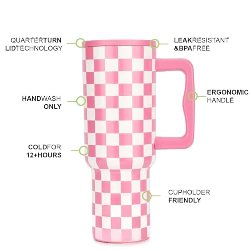 Image of Stainless Steel 1200 ml Vacuum Tumbler with Lid & Straw - Double‑Wall Insulated Cup for Travel, Gym & Office - Keeps Beverages Hot or Cold - 1.2 L Capacity (Pink Checks)