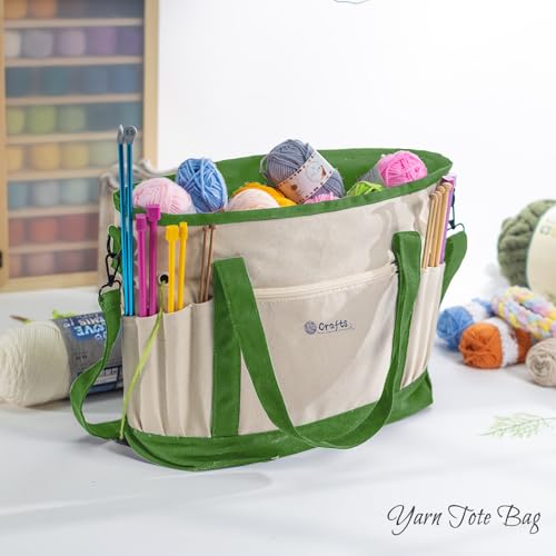 Image of MYBAGZING Canvas Yarn Storage Organizer Bag Washable Crochet Bag with Pockets for Yarn, Hooks, Needles - Travel Knitting Tote for Crafters - Gift for Crocheters & Knitters (Medium /Large)