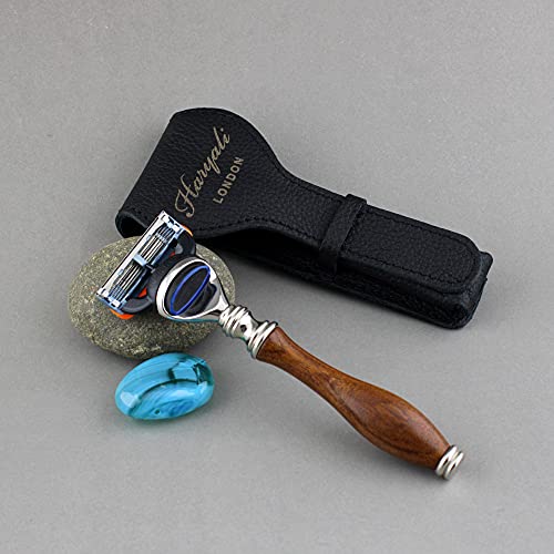 Maquinilla de afeitar para hombres de madera compatible con 5 filos, afeitadora de afeitar y bolsa de cuero para la seguridad, adecuada para afeitar en húmedo - regalo para hombres Cover