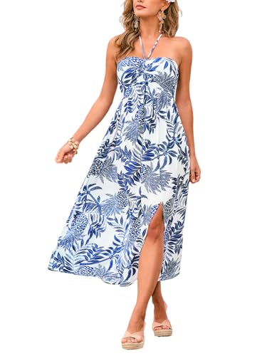 Image of CUPSHE Women Summer Dress Halter Backless Sweetheart Neck High Waist Side Slit Tropical Casual Vacation Beach Midi Dress