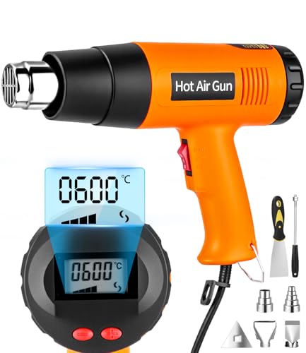 Heißluftpistole 2000W Temperaturstufen 60℃- 600℃, 2 Einstellbare Heißluftfön mit LCD-Digitalanzeige, Überlastschutz, Heißluftgebläse zum Entlacken, Löten und Schrumpfen mit 6 Zubehör
