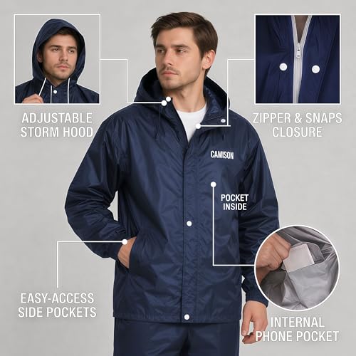 Image of Mens Raincoat Suit with Pant Set Royalia Series | Waterproof Lightweight Breathable Rain Wear | Strong Stitching, Elastic Cuff & Waterproof Zipper Raincoat for men waterproof