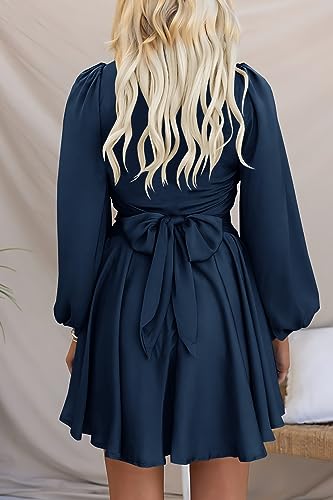 MITILLY Women's Elegant Satin Long Sleeve Round Neck Wrap Tie Waist Flowy Cocktail Party Mini Dress3