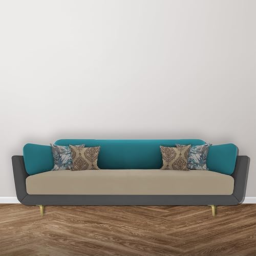 Image of Sixpine Luxury Dual Color Upholstery Classic Sofa in Premium Velvet | Solid Wood Structure | Sturdy Golden Legs | High Density Foam | Extra Comfort for Living Room (Grey Beige Turquoise, 3 Seater)