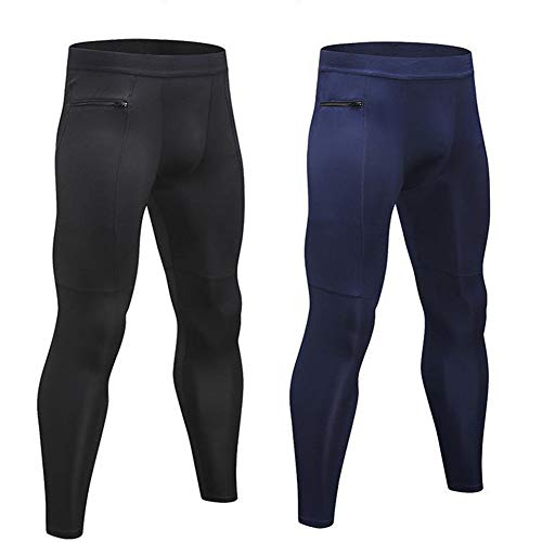 Junyue 2 Packs Mens Compression Leggings with Pockets Football Pants Workout Tights for Hiking (X-Large, 293-Black+Navy)