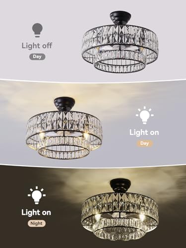 Image of 20 inch Black Fandelier Ceiling Fan with Light, Black Crystal Chandelier Ceiling Fans with Light, Mid Century Rustic Remote Control, Semi Flush Mount Caged with 6 Speed for Living Room Bedroom Nursery