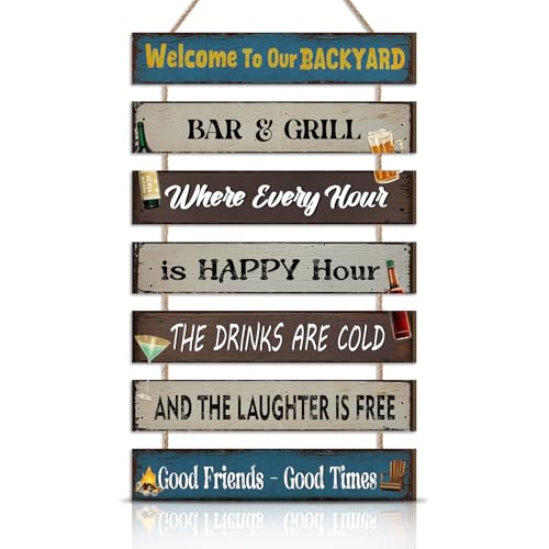 Image of HPNIUB Welcome to Our Backyard Bar Signs, Outdoor Welcome Plaque for Porch Home Garden Patio Deck Wall Decor, Funny Rules Gift for Father's Day Neighbors Friends Party, Summer Night Party Decorations
