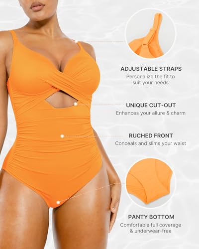 Image of SHAPELLX Tummy Control Swimsuits Women V Neck One Piece Bathing Suit Ruched Push Up Slimming Swimwear Built-in Bra