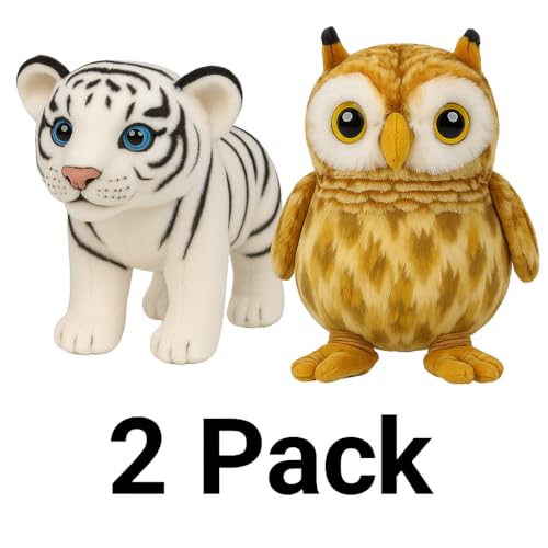 Image of Combo Pack of 2 ? White Tiger Plush Toy (25cm) & Owl Soft Toy (20cm) ? Cute Animal Stuffed Toys for Kids, Birthday Gift