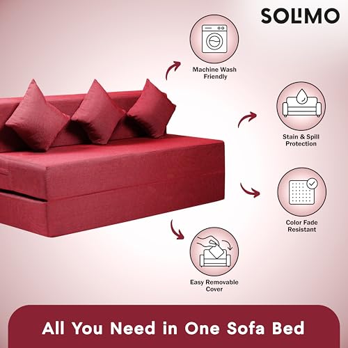 Image of Amazon Brand - Solimo 3 Seater 5 * 6 Jute Fabric Washable Cover Sofa Cum Bed with 3 Cushions 3 Seater Double Foam Fold Out Sofa Cum Bed (Finish Color - Maroon Delivery Condition - Pre-Assembled)