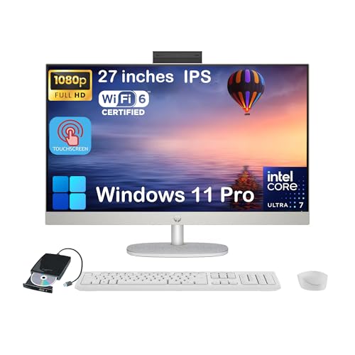 Image of HP 27 inch FHD All-in-One Touchscreen Desktop - Intel 12-Core Ultra 7 155U CPU • Adjustable Angle • WiFi 6 • 1080p Camera • Win11 Pro & External DVD Drive (64GB DDR5 RAM | 2TB SSD)