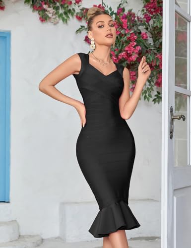 Image of Shoulder Strap Sleeveless Fishtail Midi Bandage Dress for Women Bodycon Club Party Evening Dresses
