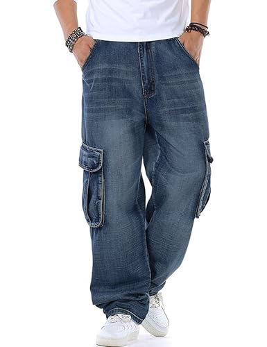Yeokou Men's Casual Loose Hip Hop Denim Work Pants Jeans with Cargo Pockets3