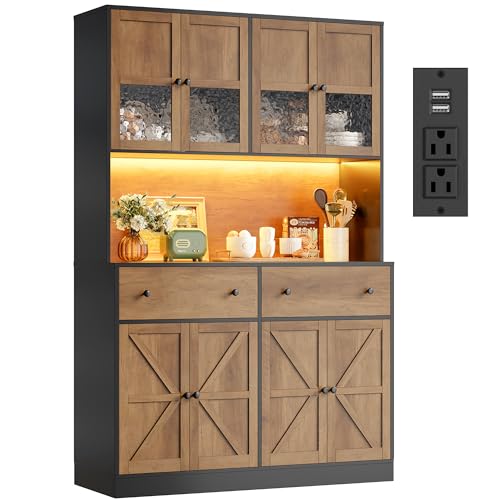 FINETONES 71" Pantry Cabinet with LED Light and Charging Station, Farmhouse Kitchen Pantry Cabinet with Microwave Stand, 47.2" Wide Kitchen Hutch Food Pantry with Open Countertop, Black/Brown