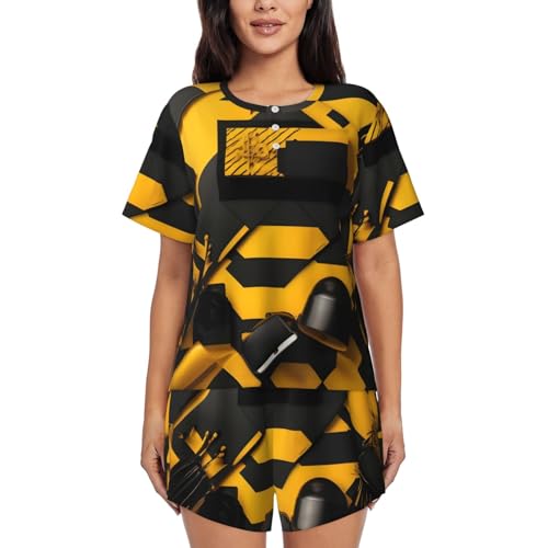 Ensemble de pyjama jaune moutarde et noir contre la chaleur : short doux col rond