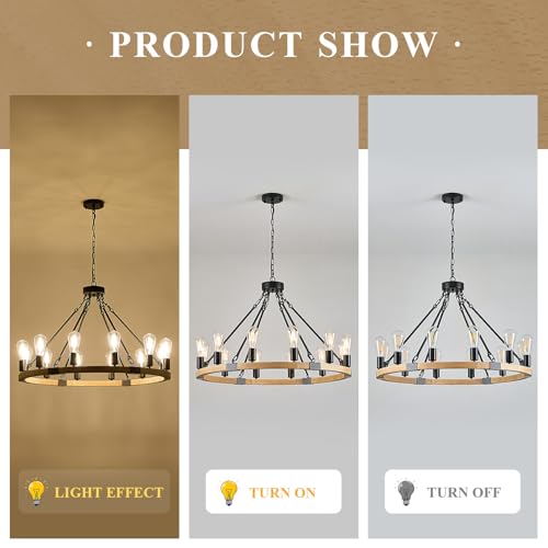 Image of Natural Wooden Wagon Wheel Chandelier 12-Light 31.5 inch Light Fixture