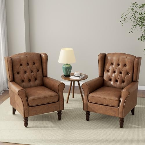 DREAMSIDEA Accent Chair, Upholstered Armchair with Button Tufted High Back & Solid Wood Legs, Comfy Wingback Reading Single Sofa Chair for Small Spaces, Living Room, Bedroom (Leather Brown, Set of 2)