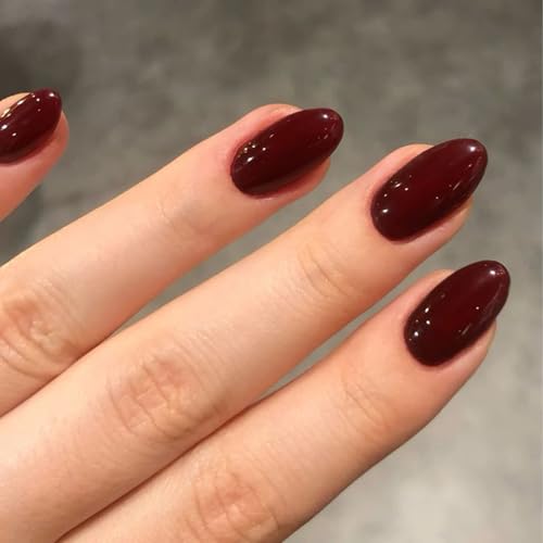 Modelones Dark Red Press on Nails Almond, Fall Halloween Short Almond Fake Nails, Reusable Nail Kit with Nail Glue Adhesive Tabs Mini Nail File, Nails Press Ons 32Pcs16 Sizes, Women Girl Gift