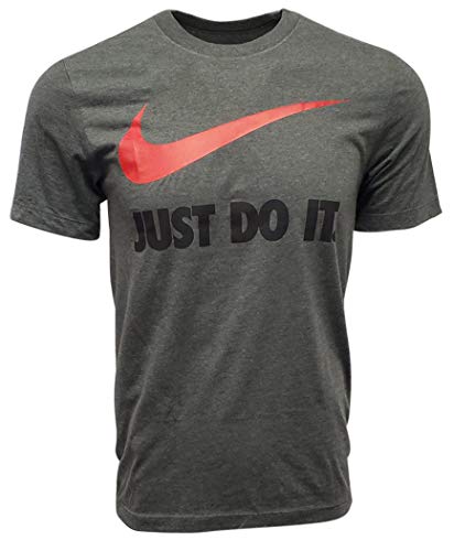 Nike Sportswear Men's Just Do It Swoosh Tee (Small, Dark Grey/Red Swoosh/Black Text)