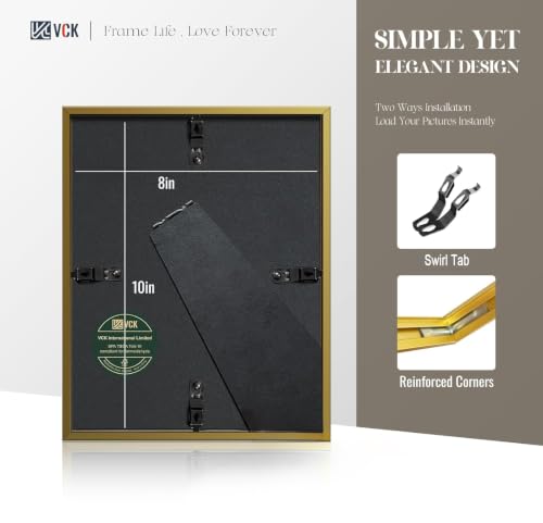 Image of VCK 8x10 Picture Frame Gold Metal, Real Glass, 5x7 Mat, for Artwork