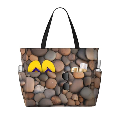 Pebbles in the beach Large Capacity Beach Travel Bag, Foldable Beach Bag with Zipper, Great for Grocery Bag Pool Gym Travel Shopping