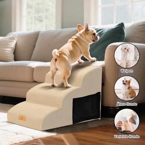 Thihome Hundetreppe 3 Stufen, Rutschfestem Hunderampe, Tragbar Haustiertreppe mit Abnehmbarem & Waschbarem Bezug, Hochdichtem Schwamm Hunde Treppe Katzentreppe für Bett und Sofa, 60x40x40cm