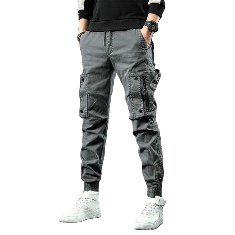 Men's Spring Autumn Slim Fit Cuffed Hem Stylish Multi-Pocket American Style Black Cargo Pants Skinny Leg