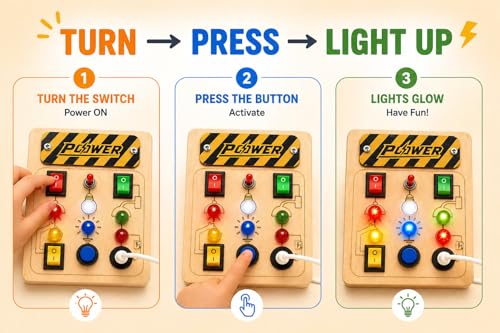 Image of SHINETOY Wooden Busy Board Sensory Toy - Power Control Panel with LED Indicators, Toggle Switches & Big Push Button | Learn Electricity & Circuits | Safe & Fun Gift for Boys & Girls