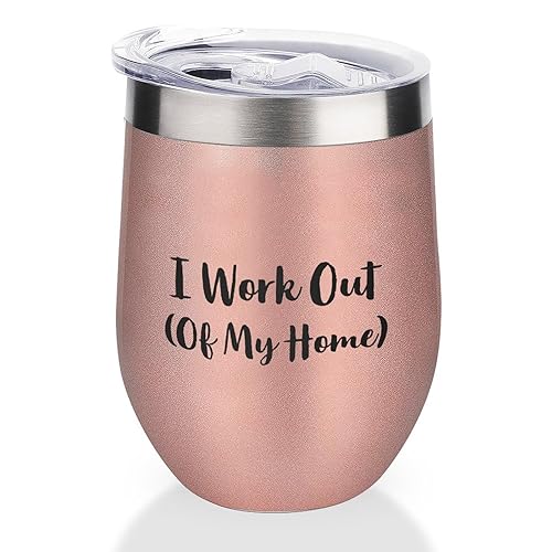 Yelolyio Vaso de vino de acero inoxidable de 12 onzas con texto en inglés 'I Work Out of My Home' con tapa deslizante, divertida taza de vino para champaña, cóctel, cerveza